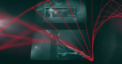 Red dotted lines connecting screens displaying scientific data and human figure Stock Footage 306433679