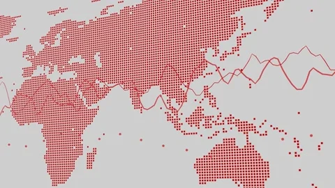 Red dotted map of Asia, Australia, and parts of Europe and Africa with graph Video stock 296624196