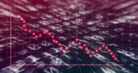 Red dotted scatter plot descending across 3D grid with blurred white Video stock 309106629