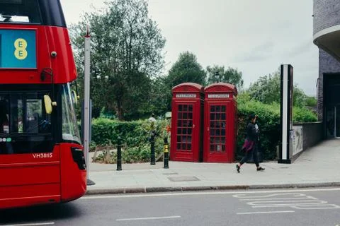 Red double decker bus at the bus stop 스톡 사진