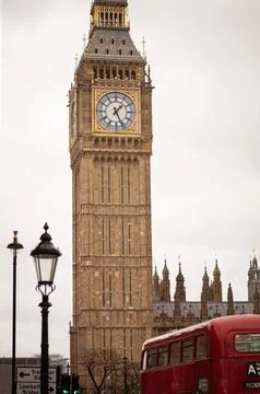 Red double-decker bus in front of Big Ben clock tower London Stock Photos