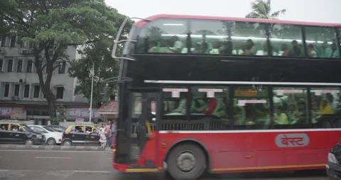 Red Double Decker Bus in Mumbai Stock Footage 254348201