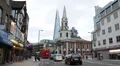 Red Double Decker Bus Shard London Bridge Tower Skyscraper Little Dorrit Church HD Footage