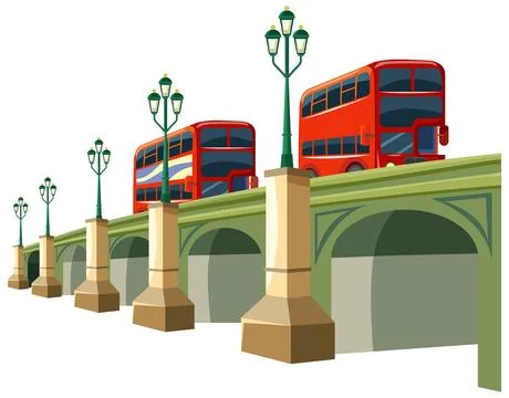 Red Double Decker Buses Driving Across a Green Arched City Bridge Stock Illustration