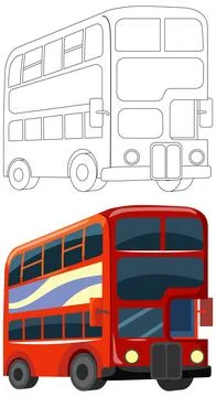 Red Double Decker City Bus Vector Illustration with Line Art Outline Stock Illustration