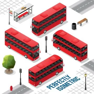 Red Double Decker Isometric Bus from the Front Back Right and Left Stock Illustration