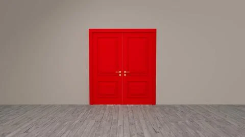 Red double door opening into empty room with wooden floor Stock Illustration