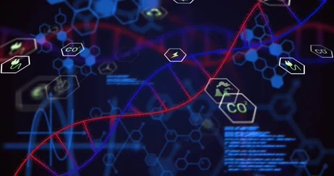 Red double-helix entering lower left sweeping center upward aligning hex icons, Stock Footage 321799655