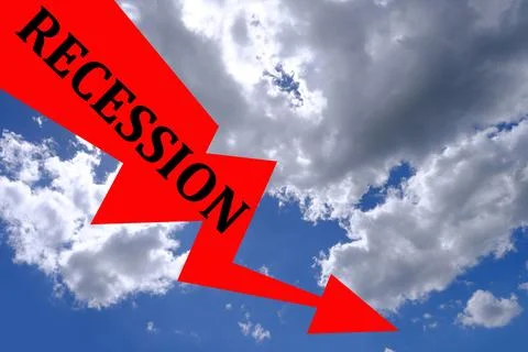 Red down arrow, beautiful cloudscape, blue sky with clouds, concept monetar.. Stock Photos