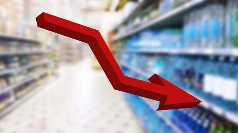 Red down arrow sign on abstract blur image of supermarket background. 스톡 일러스트