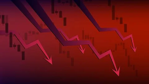 Red down arrows on dark red background. Fall of the economy and global crisis Illustrazione stock