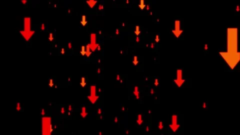 Red Down Arrows, Glowing Falling Arrow Icons on Black Background Stock Footage 331265241