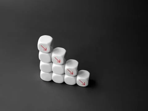 Red down arrows on white blocks stacked, decrease business graph down step,.. Stock Photos