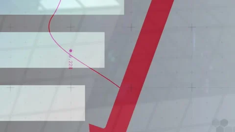 Red downward arrow and bar graph showing financial decline over abstract Stock Footage 313088901