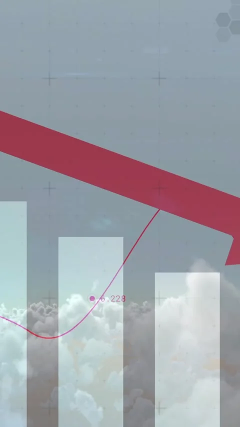 Red downward arrow and bar chart animation over cloudy sky background Stock Footage 342916043