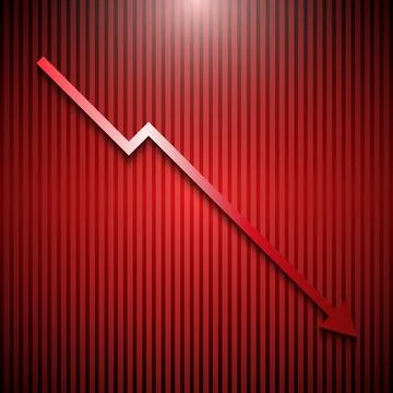 Red downward arrow on striped background representing financial crisis and .. Illustration