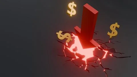 A red downward-pointing arrow is piercing through the surface and dollar signs. Stock Illustration