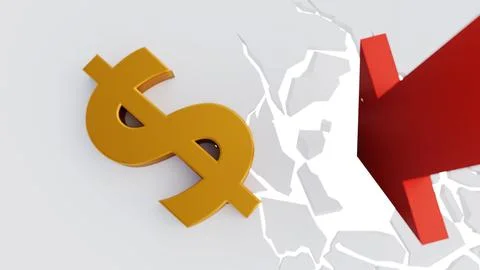 A red downward-pointing arrow is piercing through the surface and dollar signs. Stock Illustration