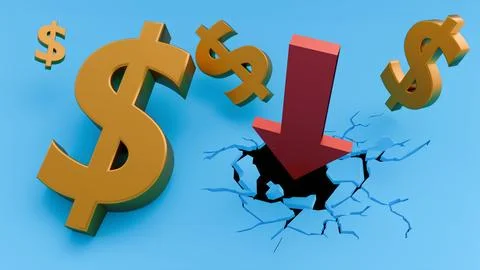 A red downward-pointing arrow is piercing through the surface and dollar signs. Stock Illustration