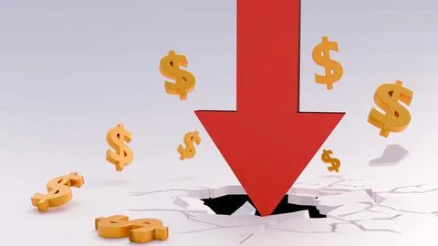 A red downward-pointing arrow is piercing through the surface and dollar signs. Stock Illustration