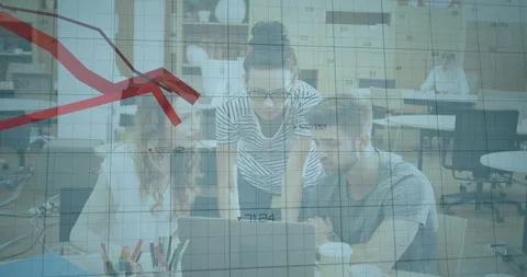 Red downward trend graph animation over business team collaborating in office Stock Footage 305432070