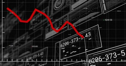 Red downward-trending line graph displaying in trading dashboard with grid Stockillustratie