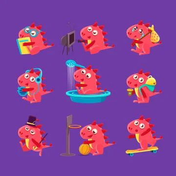 Red Dragon Everyday Activities Set Of Illustrations Stock Illustration
