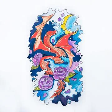 Red dragon flying through the sky on a moonlit night. Stock Illustration