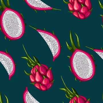 Red dragon fruit seamless pattern on black background. Whole, half and slice. Stock Illustration