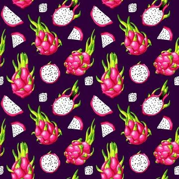 Red dragon fruit seamless pattern on purple background. Stock Illustration