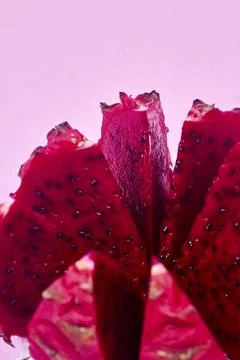 Red dragon fruit Set with appetizing serving on pink background. Top view Stock Photos