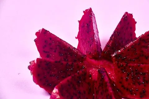 Red dragon fruit Set with appetizing serving on pink background. Top view Stock Photos