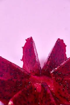 Red dragon fruit Set with appetizing serving on pink background. Top view Stock Photos