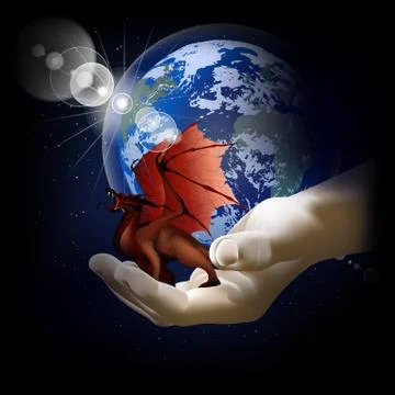 Red dragon on a hand on a background of the earth イラスト素材