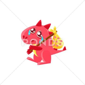 Red Dragon Leaving WIth Sack On Stick Illustration Stock Illustration