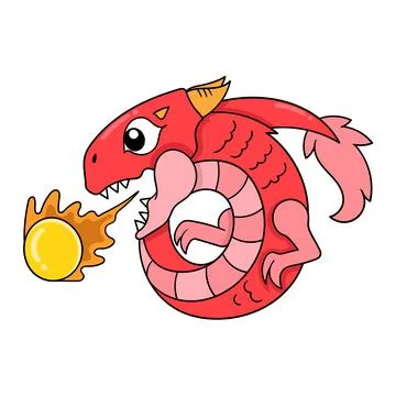 Red dragon is spitting fireball, doodle icon image kawaii Illustrazione stock