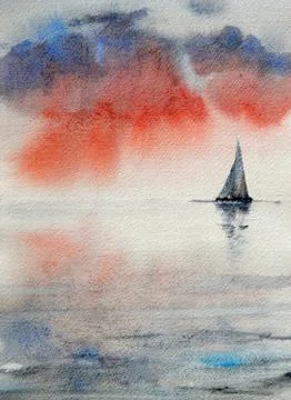 Red dramatic calm sea sunset and a lonely yacht. Watercolor drawing. Stock Illustration