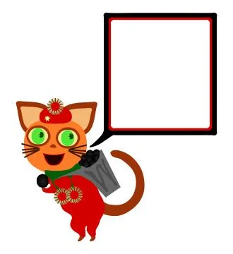 Red dressed cat with square communication bubble carries hod with coal. Stock Illustration