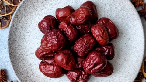 Red dried dates, the Chinese sweet fruit jujube, as a healthy food. Red dates, j Stock Footage 326732847