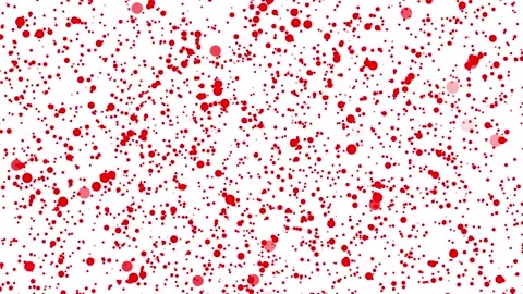 Red droplet like particles fly and fall toward the camera on a white background Vidéo 333679969