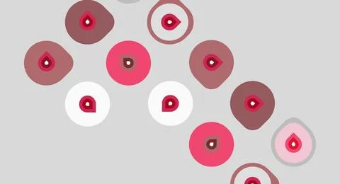 Red droplets inside circles, varying shades. Gray background creates simple, Stock Illustration