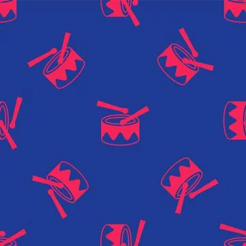 Red Drum with drum sticks icon isolated seamless pattern on blue background.  Stock Illustration