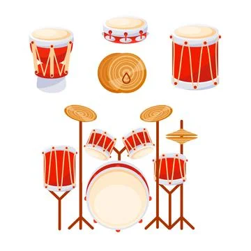 Red drum kit standing ready for a drummer to start playing music, percussion Illustrazione stock