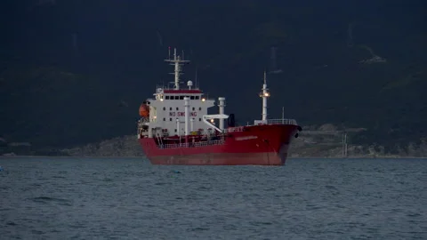 Red dry cargo ship at anchor 4K Video stock 156396374