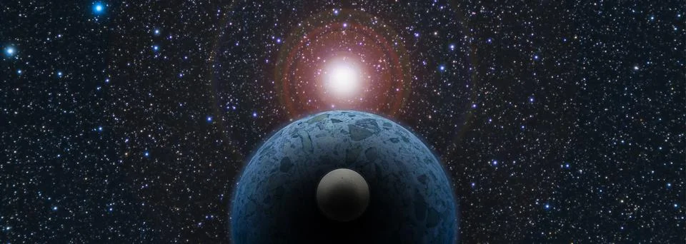 Red dwarf star aligned with an exoplanet and its moon Stock Illustration