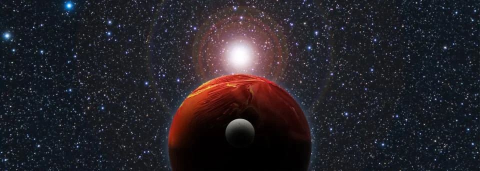 Red dwarf star aligned with a red exoplanet and its moon Illustration