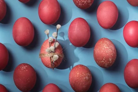 Red dyed Easter eggs on blue backdrop, decorated egg with pussy willow and .. Stock Photos