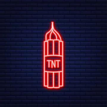 Red dynamite pack with electric time bomb, TNT. Neon icon. Vector illustration. Illustrazione stock