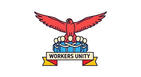 Red eagle soaring above group of united people with workers unity ribbon ba.. Illustrazione stock