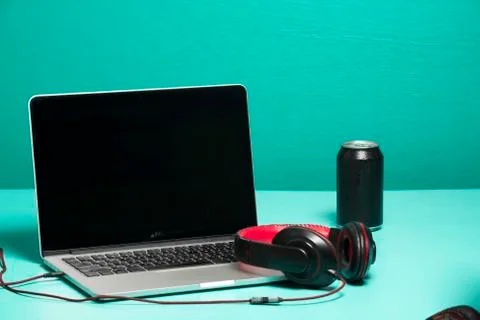 Red earphone on a notebook Stock-Fotos